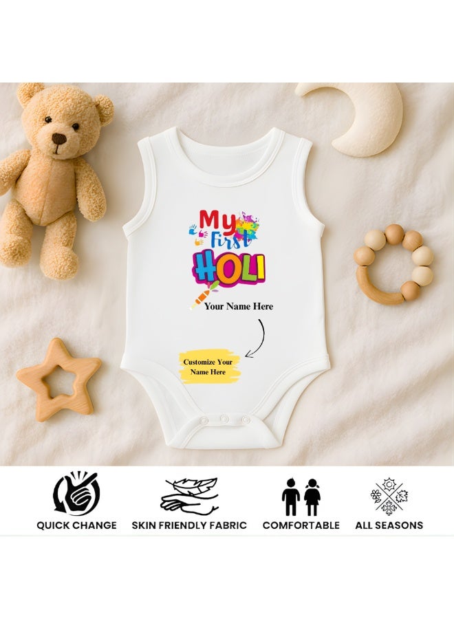 PRINTSHOP4ME Personalized My 1st Holi-Themed Baby Romper - Soft Cotton Fabric-Sleeveless Jumpsuit For Boys And Girls-Comfortable,Lightweight And Breathable Outfit For Festive Celebrations - Image 5